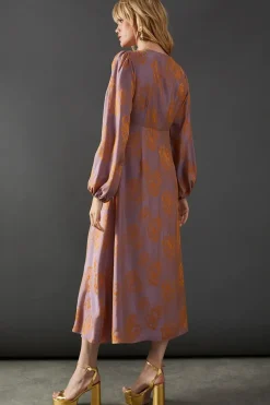 Satin Rose Jacquard Plunge Neck Midi Dress