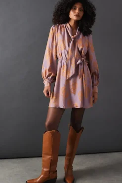 Satin Rose Jacquard Tie Neck Flippy Mini Dress