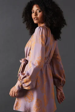 Satin Rose Jacquard Tie Neck Flippy Mini Dress