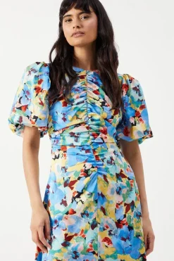 Satin Ruched Front Puff Sleeve Midi Dress