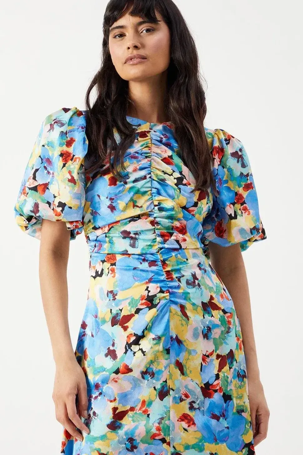 Satin Ruched Front Puff Sleeve Midi Dress