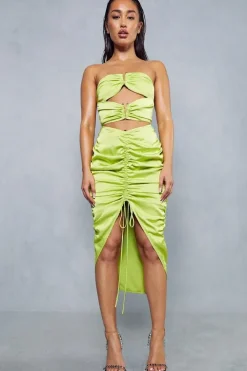 Satin Ruched V Bar Detail Cut Out Midi Dress