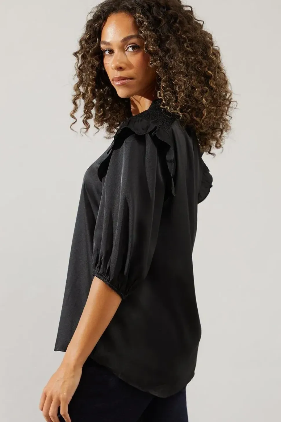 Satin Ruffle Sleeve Blouse