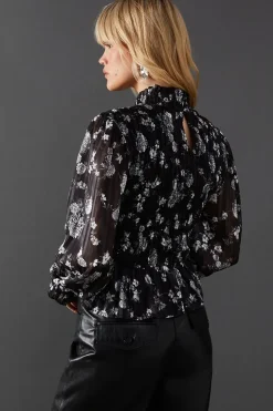 Satin Shadow Stripe Shirring Peplum Hem Top