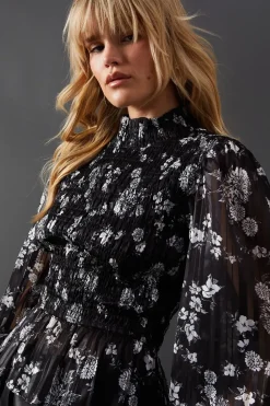 Satin Shadow Stripe Shirring Peplum Hem Top