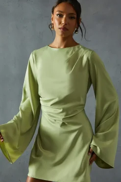 Satin Slash Neck Cinched Waist Flare Sleeve Mini Dress