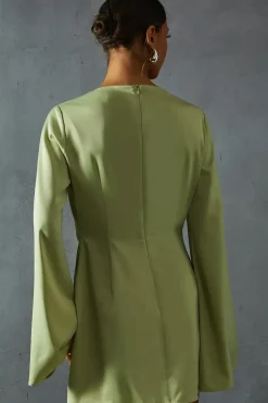 Satin Slash Neck Cinched Waist Flare Sleeve Mini Dress