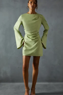 Satin Slash Neck Cinched Waist Flare Sleeve Mini Dress