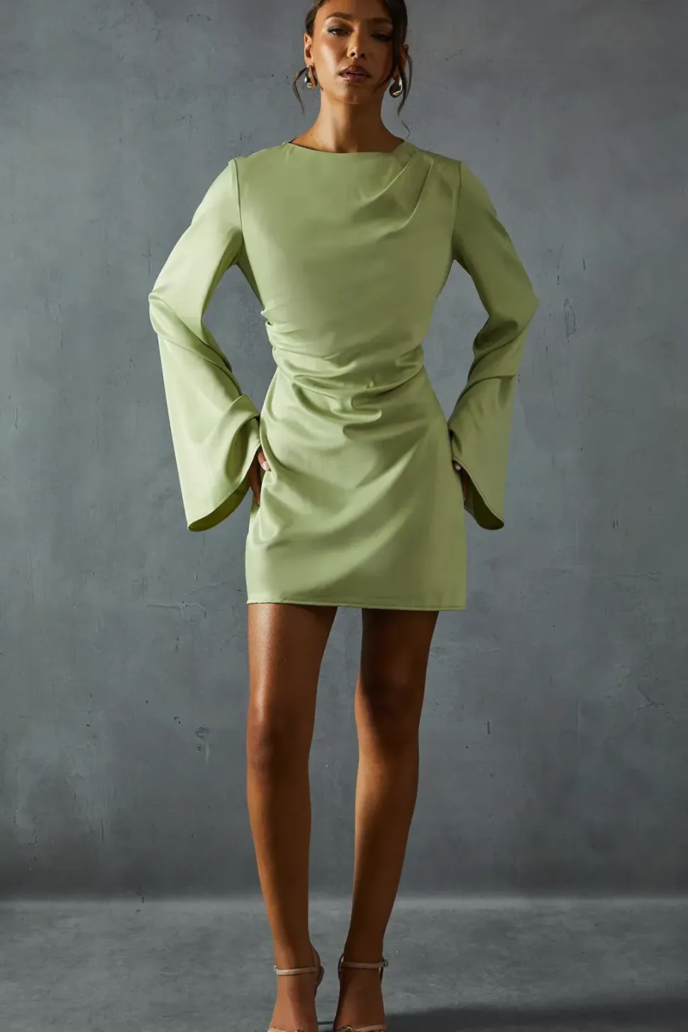 Satin Slash Neck Cinched Waist Flare Sleeve Mini Dress