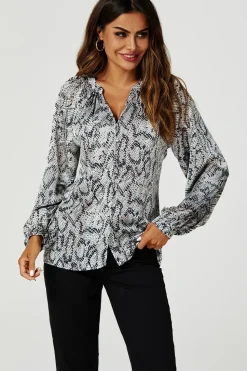 Satin Snake Print Collarless long sleeve Blouse Top In Grey