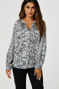 Satin Snake Print Collarless long sleeve Blouse Top In Grey