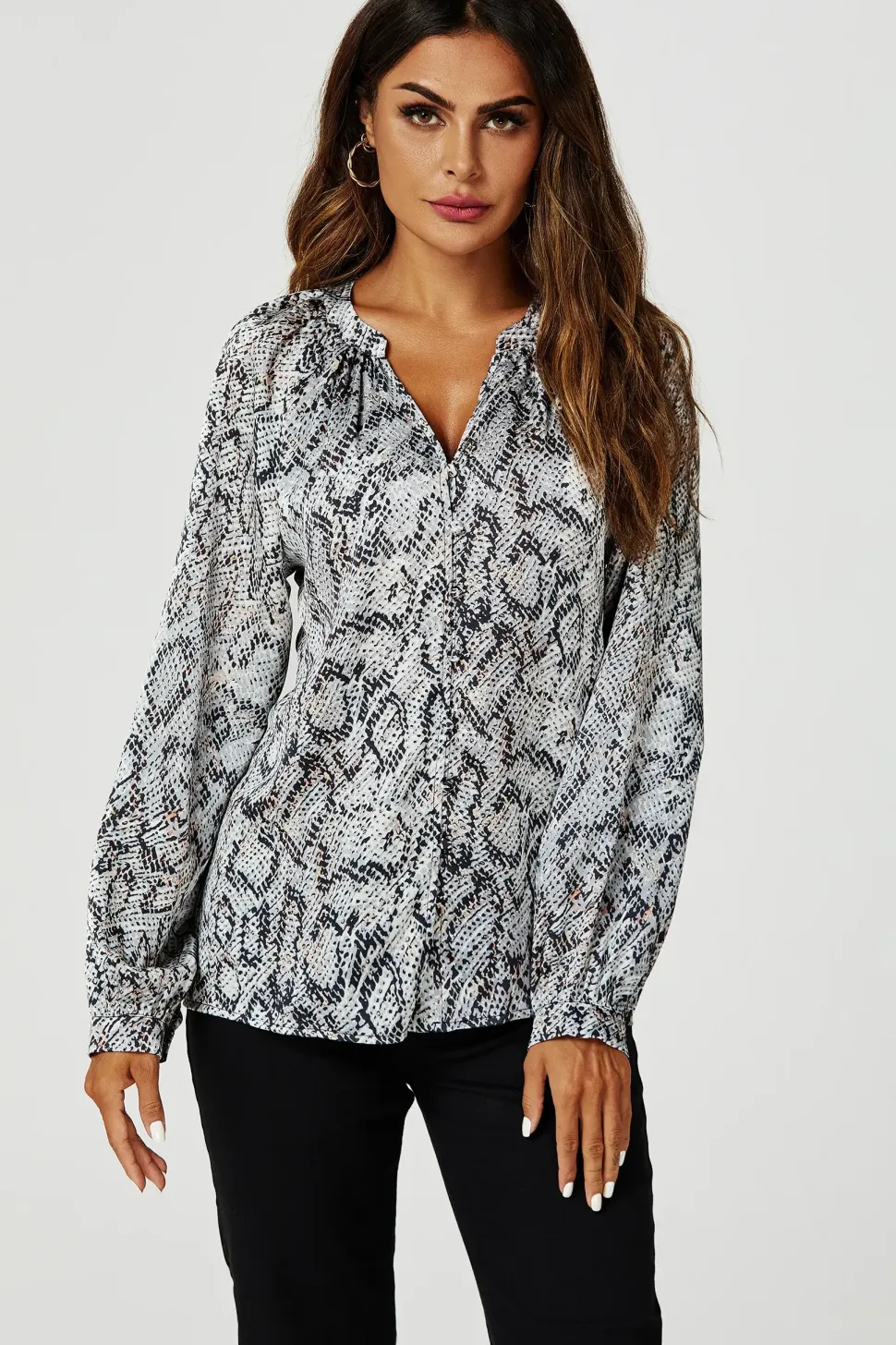 Satin Snake Print Collarless long sleeve Blouse Top In Grey