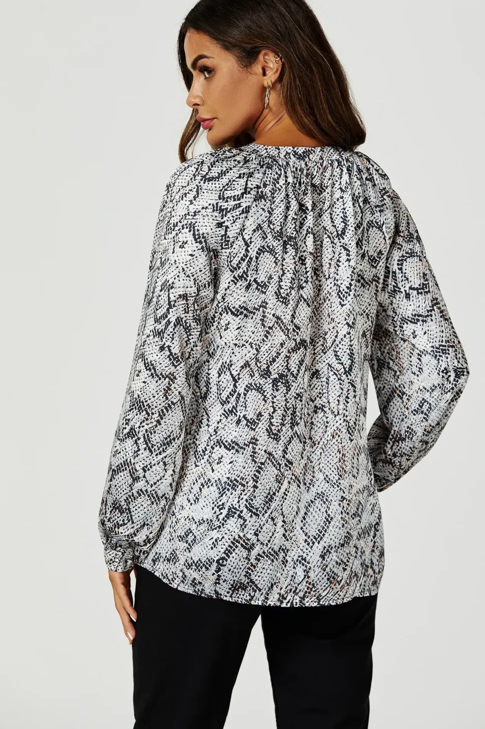 Satin Snake Print Collarless long sleeve Blouse Top In Grey