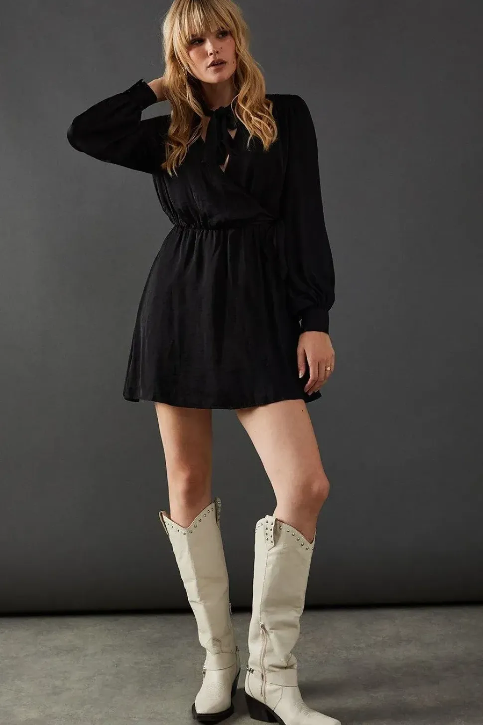 Satin Tie Neck Flippy Mini Dress