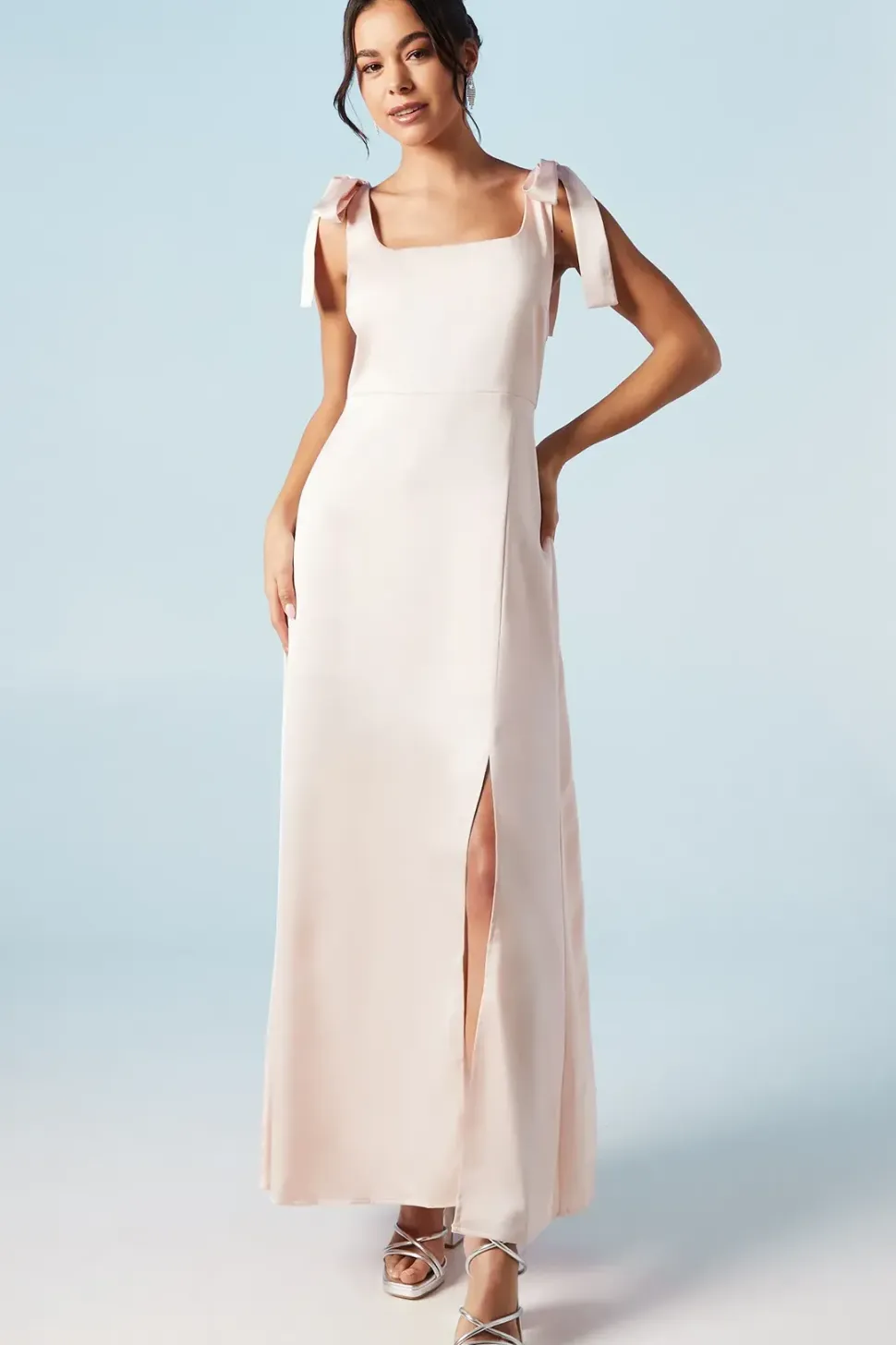 Satin Tie Shoulder Midi Bridesmaids Dress
