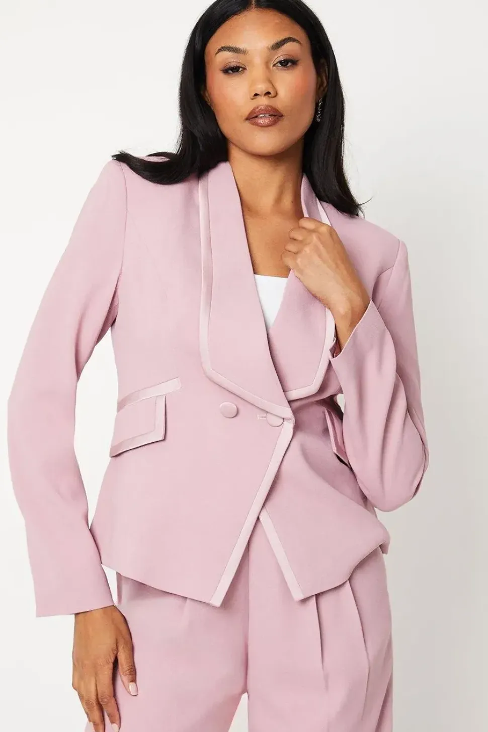 Satin Trim Cropped Double Breasted Blazer