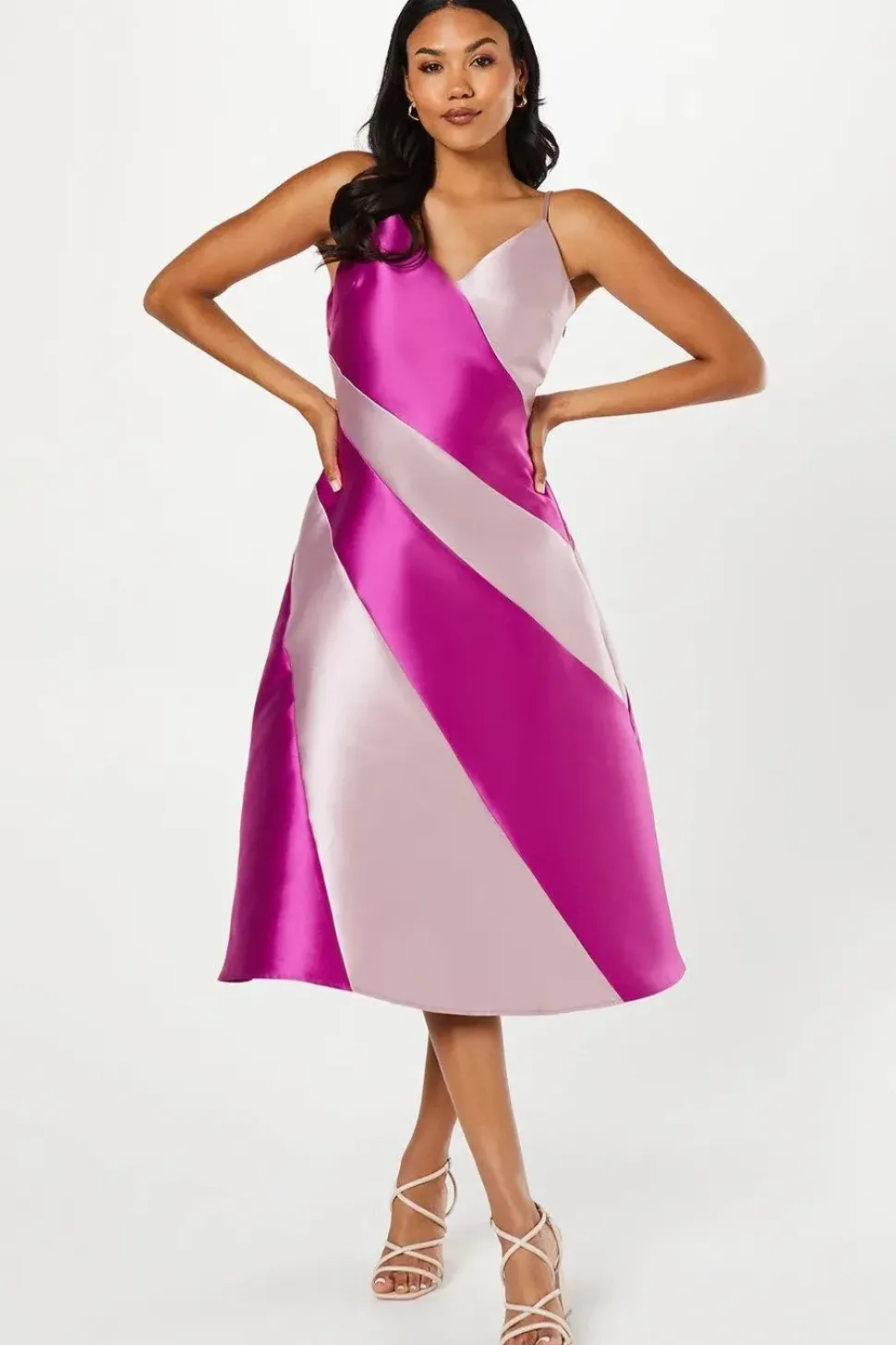 Satin Twill Colour Block Midi Wedding Guest Dress