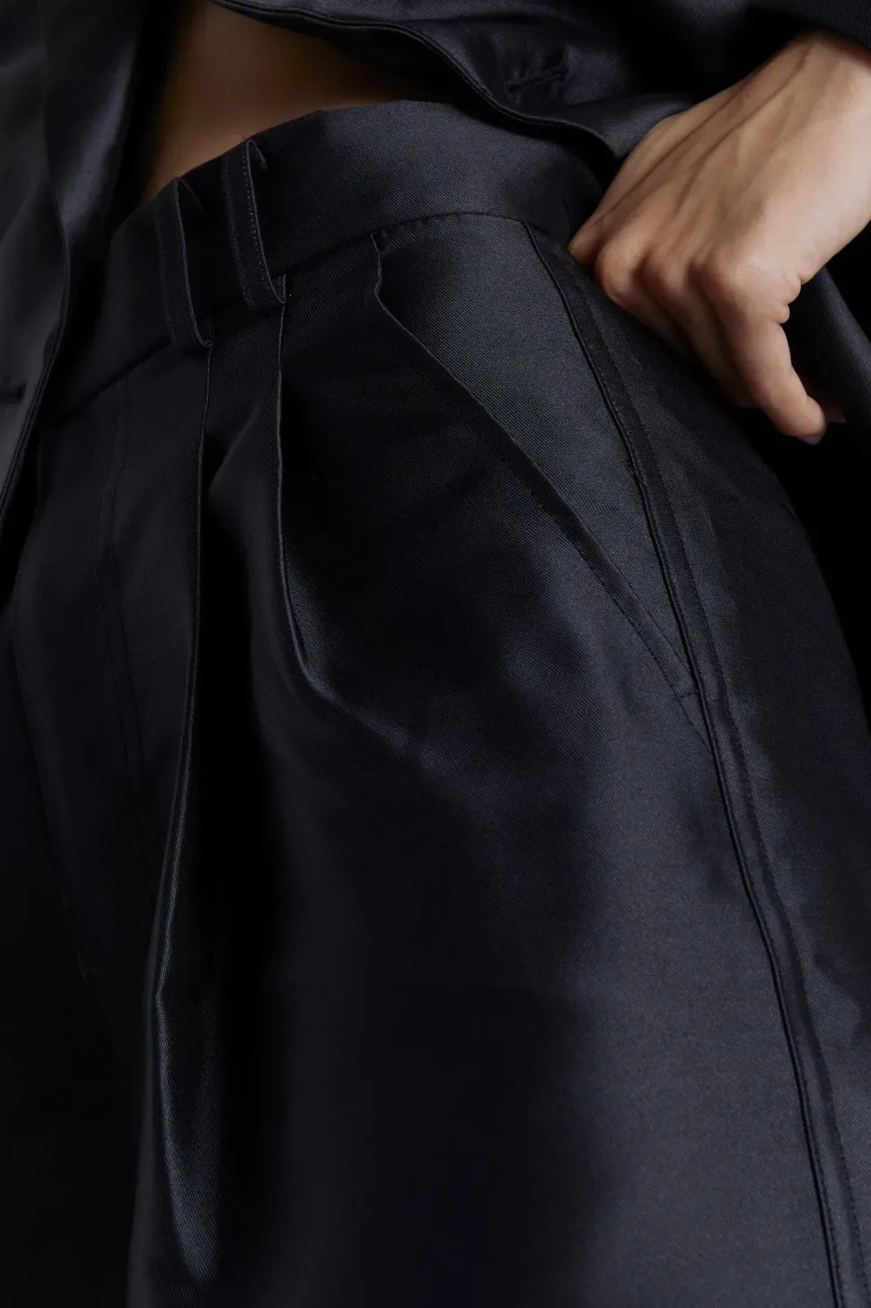 Satin Twill High Waisted Wide Leg Trousers