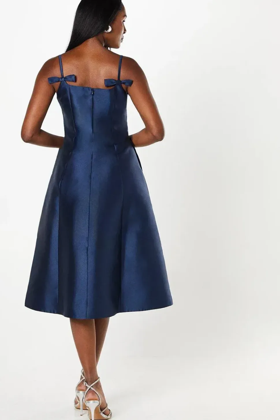 Satin Twill Square Neck Panelled Midi Wedding Guest Dress