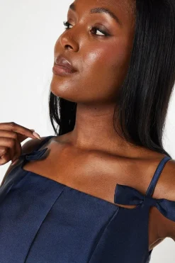 Satin Twill Square Neck Panelled Midi Wedding Guest Dress