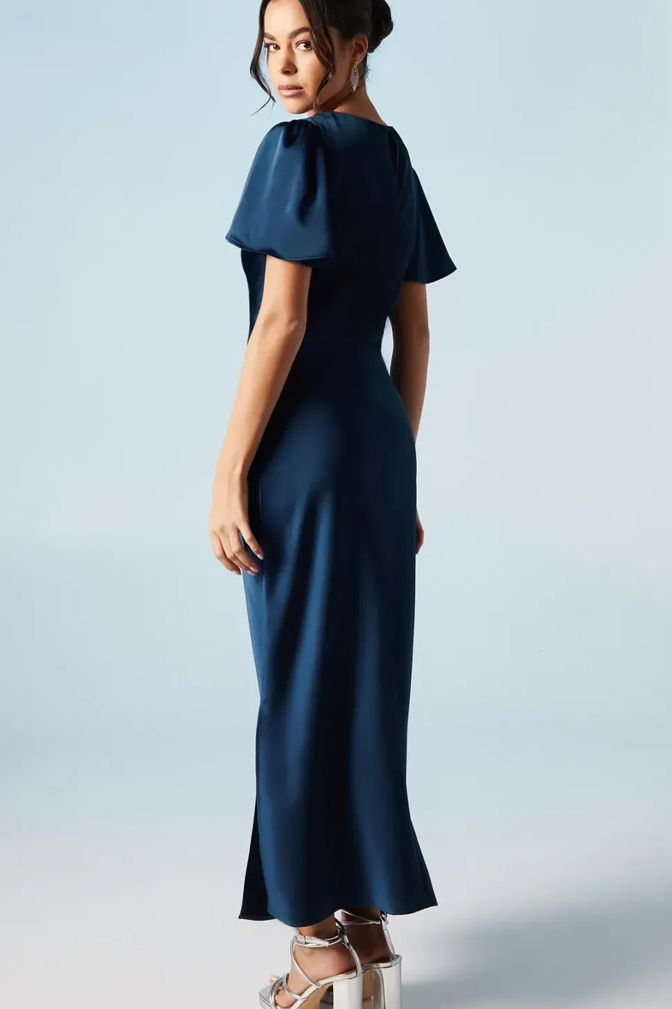 Satin Twist Front Angel Sleeve Midi Bridesmaids Dress