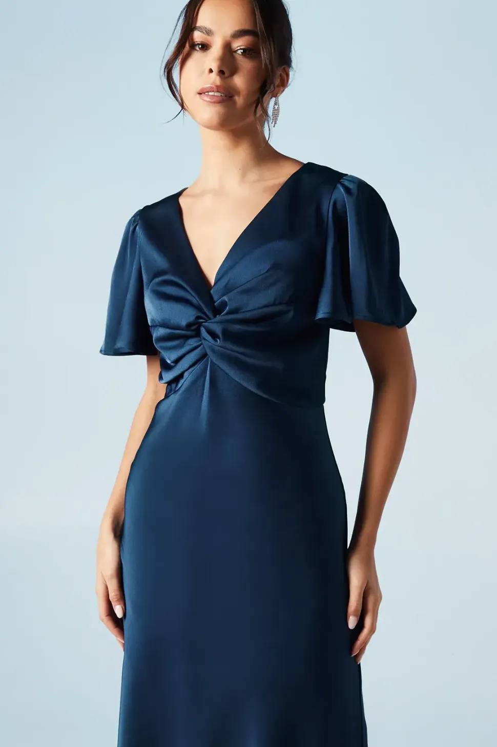 Satin Twist Front Angel Sleeve Midi Bridesmaids Dress