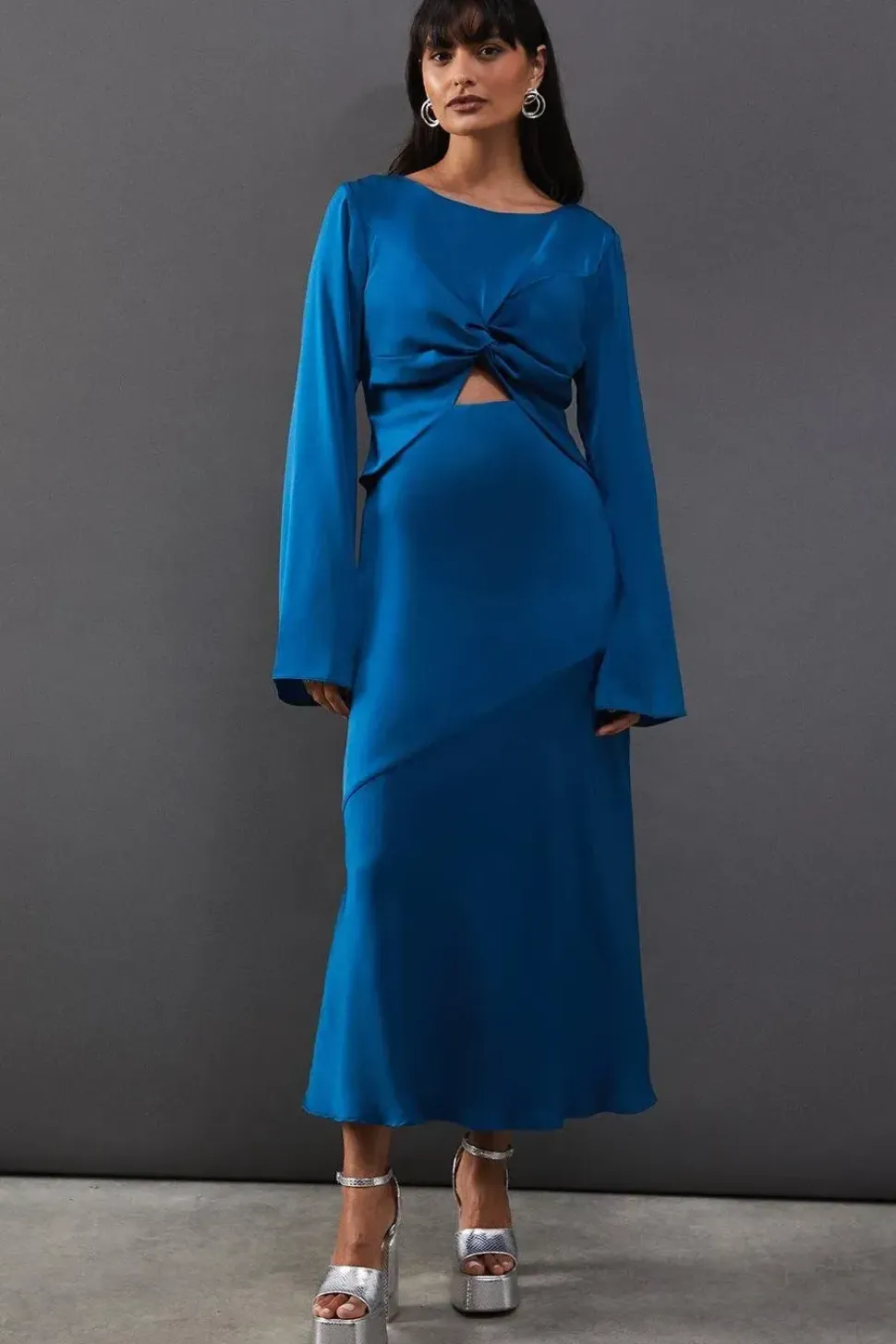 Satin Twist Front Bias Midi Dress