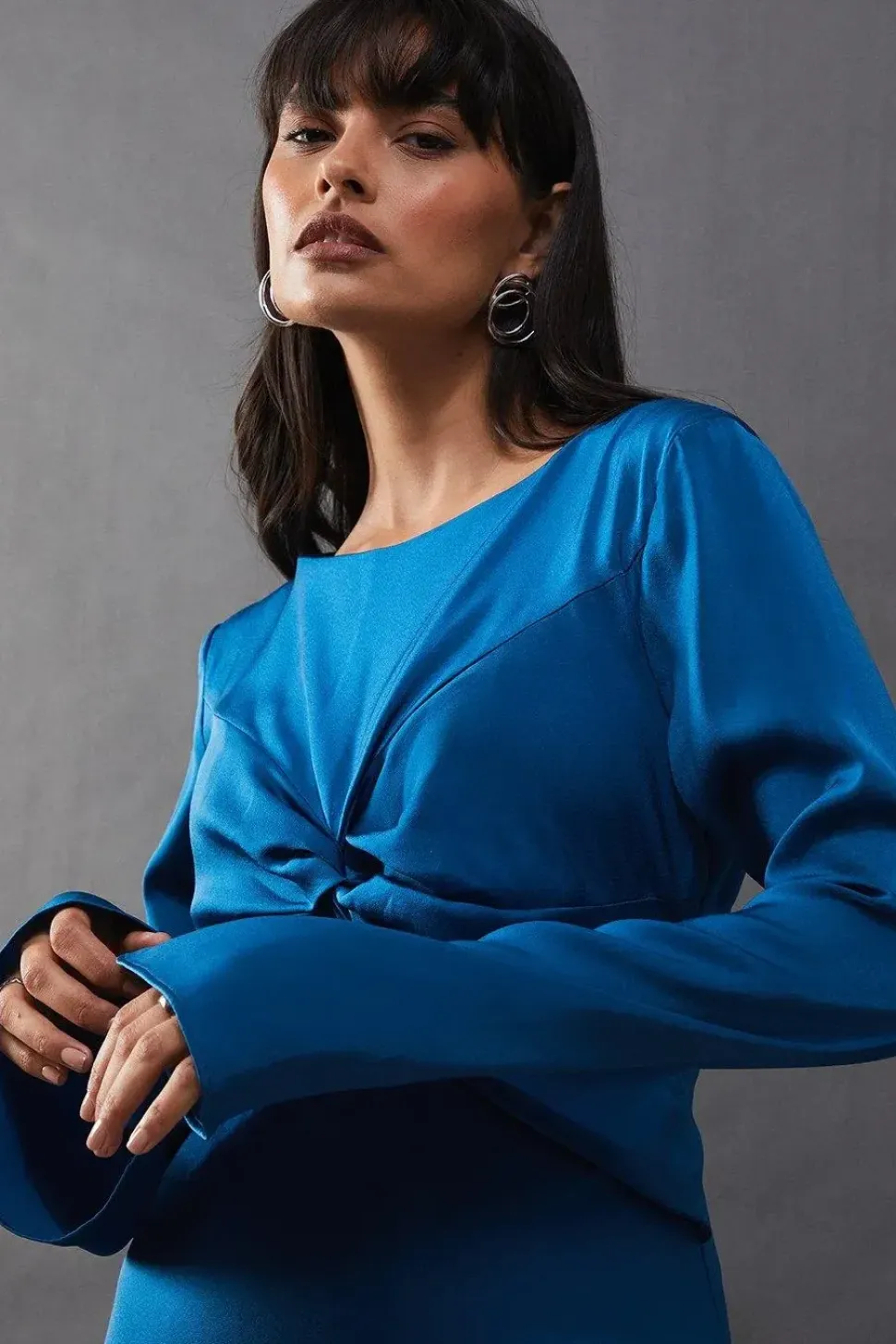 Satin Twist Front Bias Midi Dress