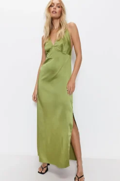 Satin V Neck Strappy Slip Dress