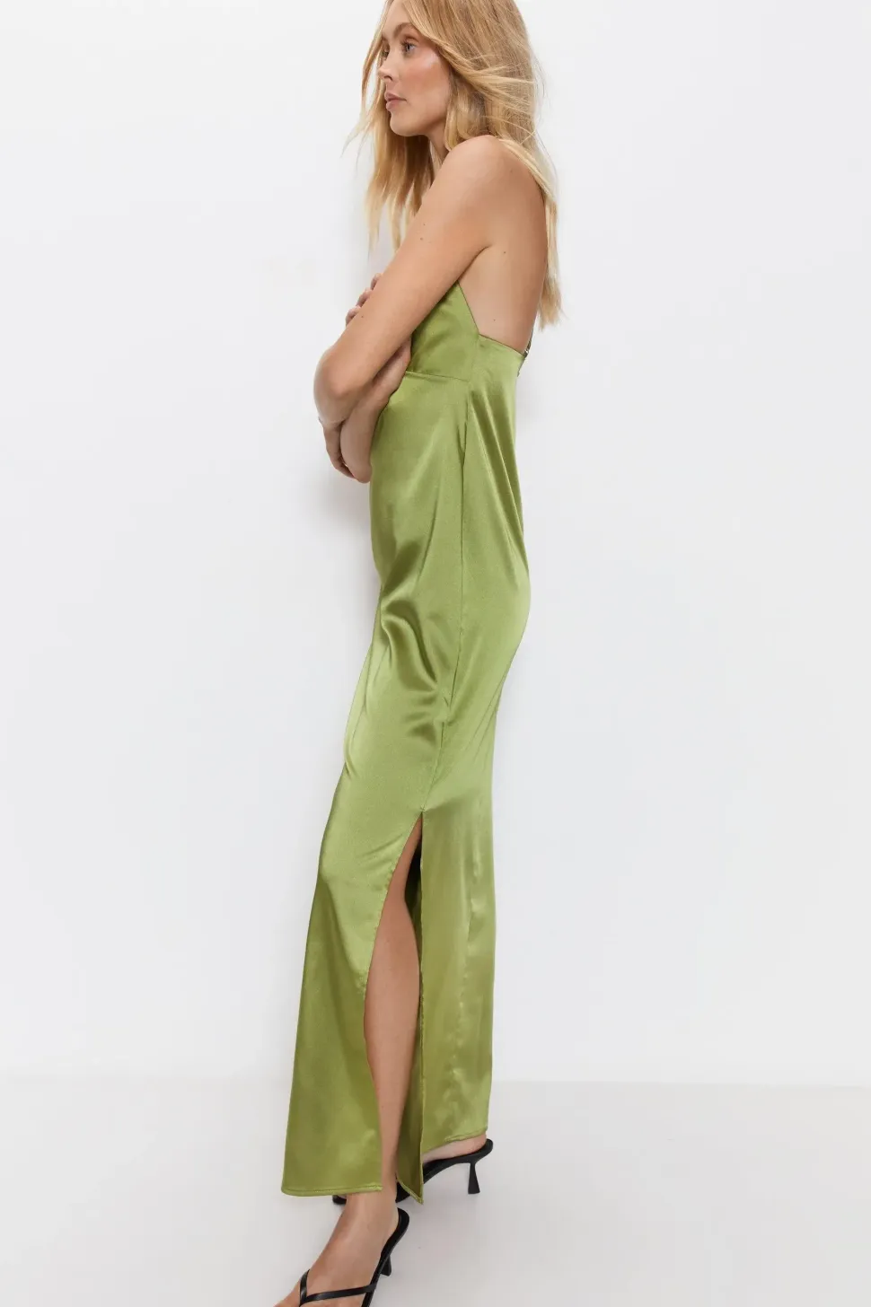 Satin V Neck Strappy Slip Dress