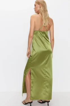 Satin V Neck Strappy Slip Dress