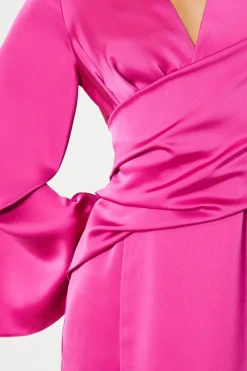 Satin Wrap Dress With Flare Sleeve