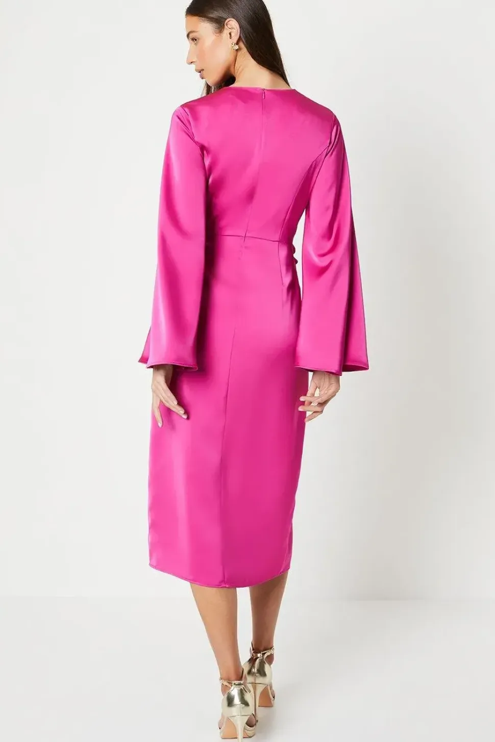 Satin Wrap Dress With Flare Sleeve