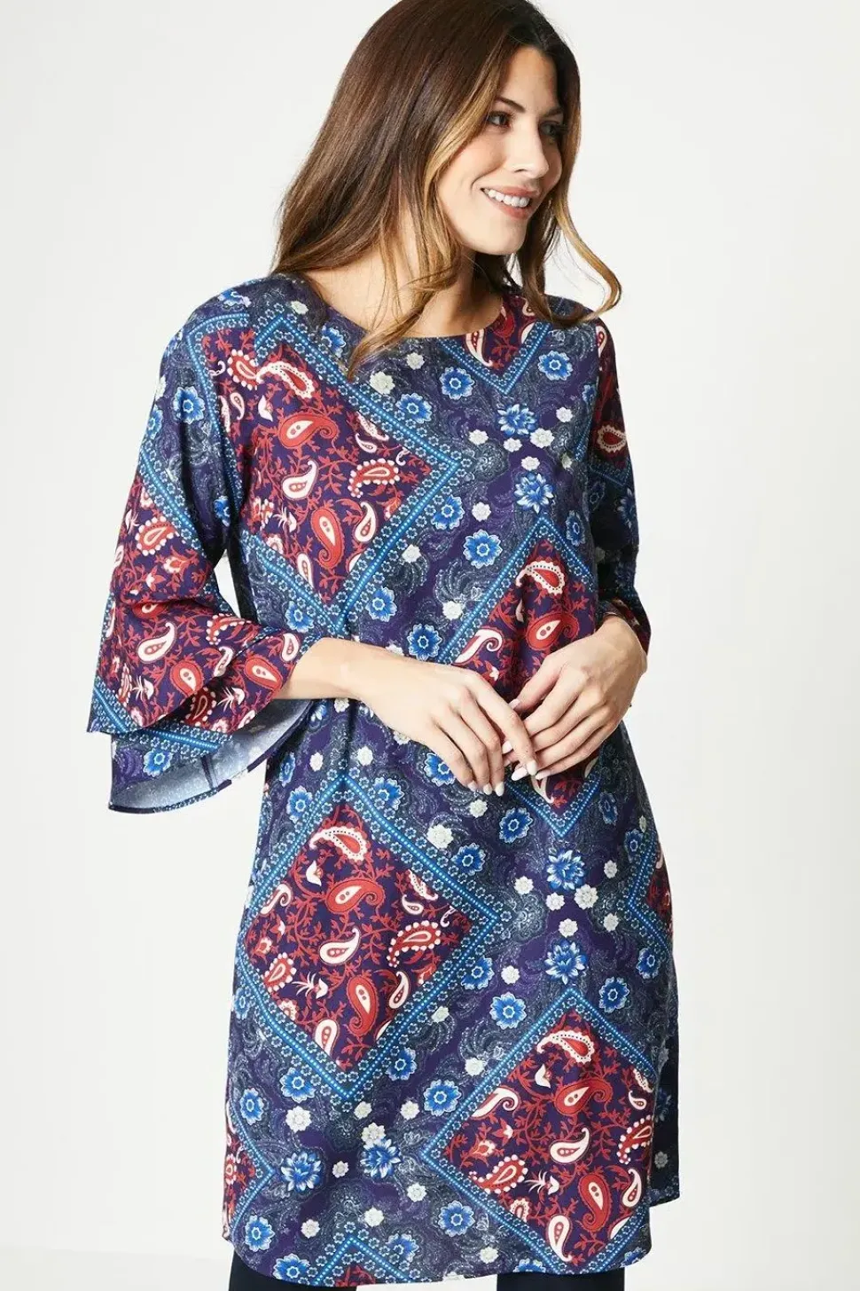 Scarf Print Flute Sleeve Shift Dress