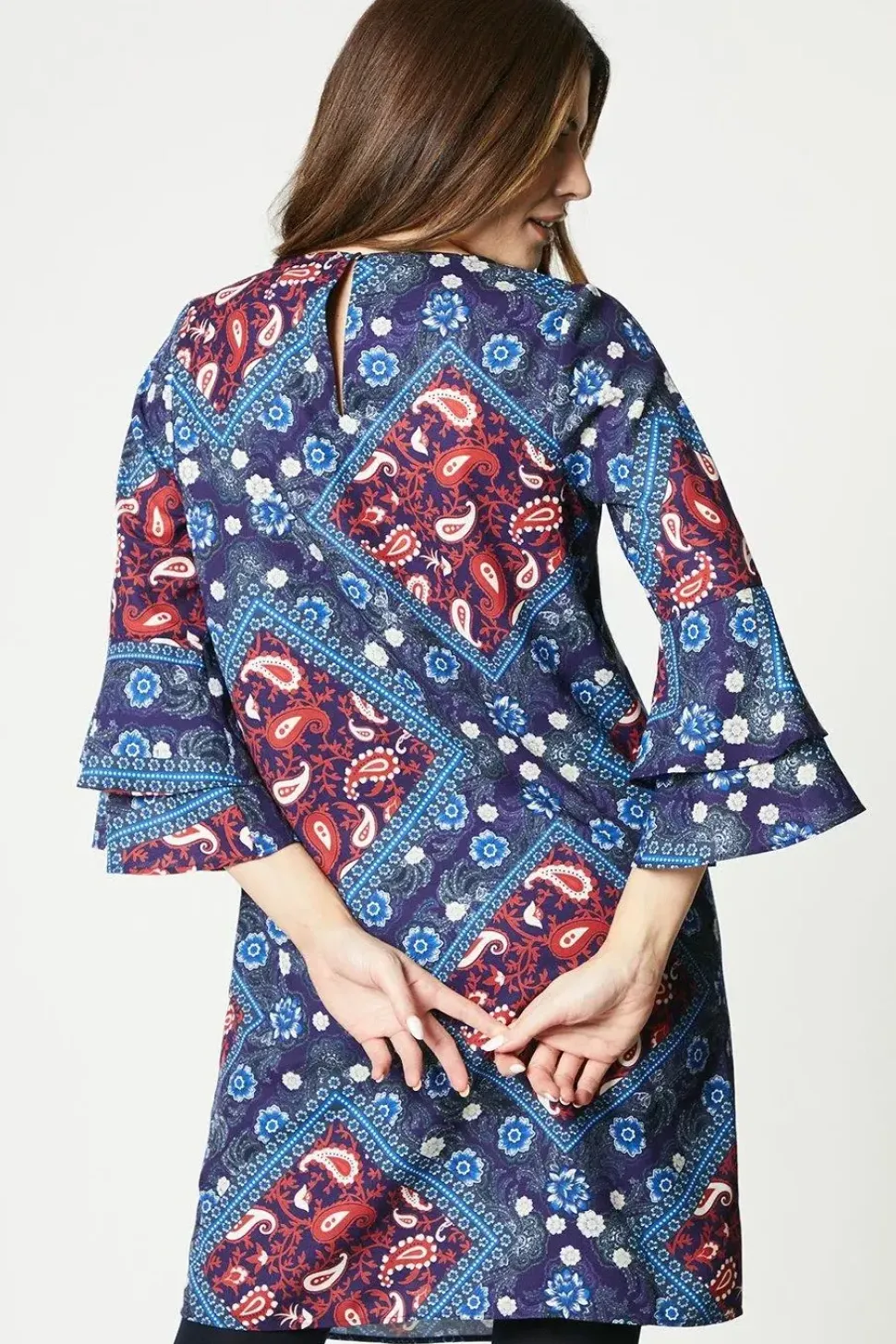 Scarf Print Flute Sleeve Shift Dress