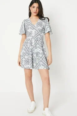 Scarf Print Flutter Sleeve Tiered Mini Dress