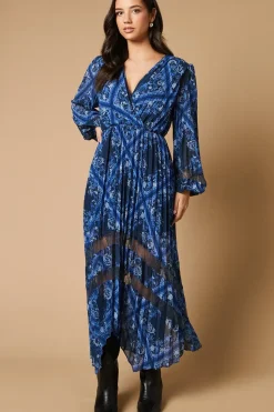 Scarf Print Pleated Lace Trim Insert Wrap Midi Dress