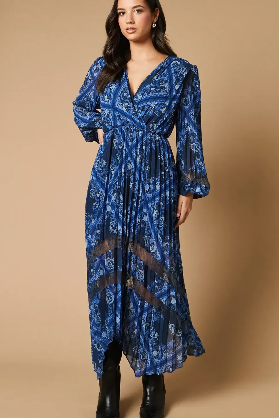 Scarf Print Pleated Lace Trim Insert Wrap Midi Dress