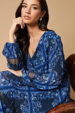 Scarf Print Pleated Lace Trim Insert Wrap Midi Dress
