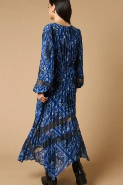 Scarf Print Pleated Lace Trim Insert Wrap Midi Dress