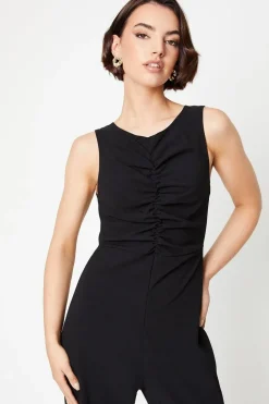 Scuba Crepe Ruched Front Wide Leg Jumpsuit
