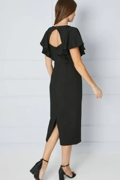 Scuba Crepe Ruffle Sleeve Midi Dress