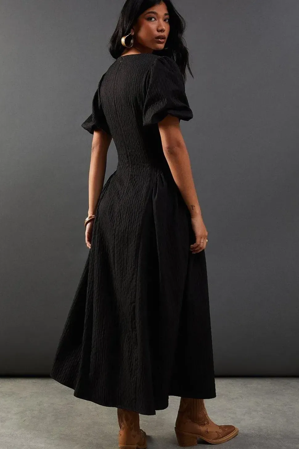 Seersucker Organza Godet Side Puff Sleeve Midi Dress