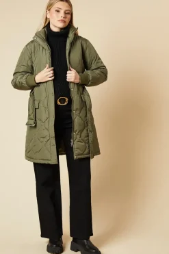Self Covered Button Quilted Padded Puffer Midi Coat