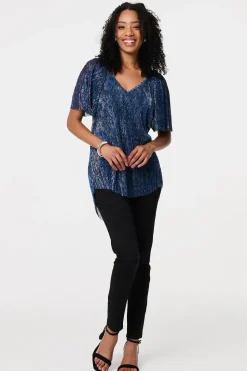 Semi Sheer Glittery Short Sleeve Top