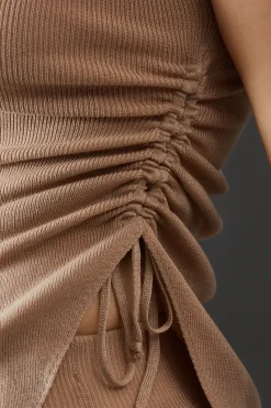 Semi Sheer Ruched Side Button Back Detail Knitted Top