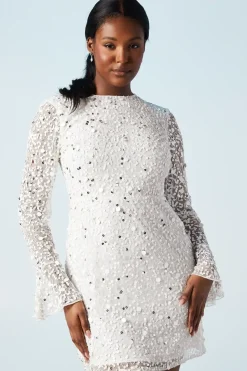 Sequin and Beadwork Embellished Flare Cuff Bridal Mini Dress