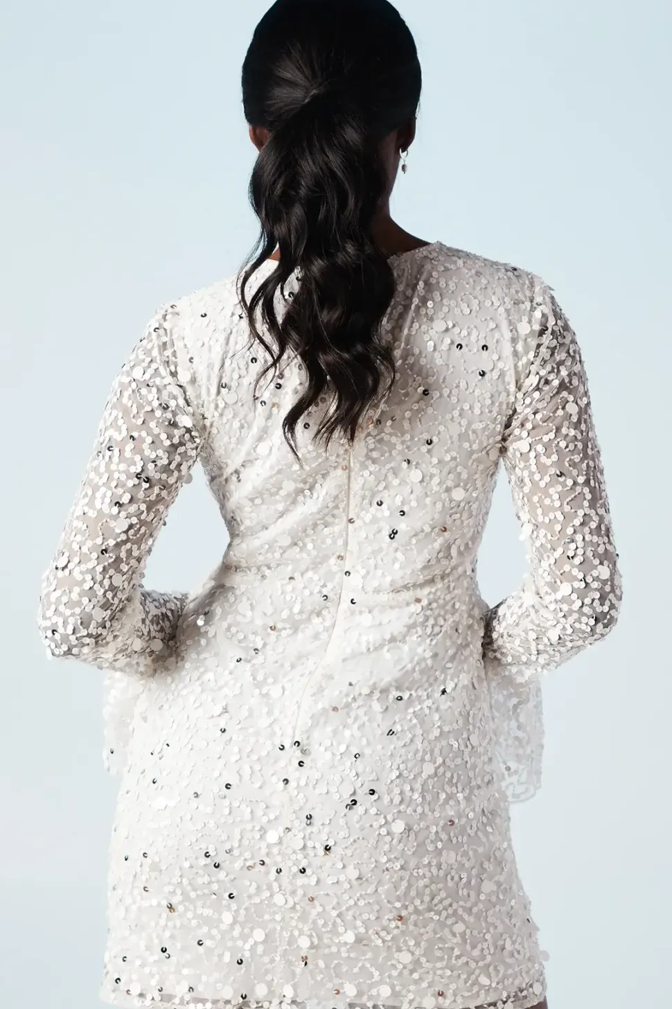Sequin and Beadwork Embellished Flare Cuff Bridal Mini Dress