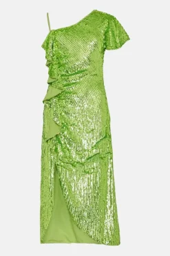 Sequin Asymmetric Ruched Midi Dress