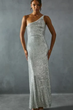 Sequin Asymmetric Strap Pleated Waist Low Back Maxi Dress
